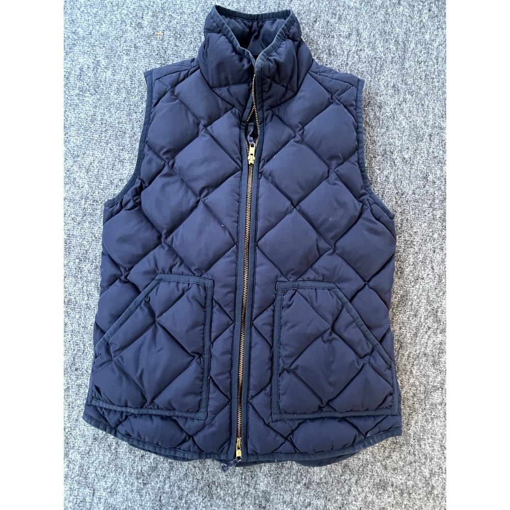 J. CREW‎ Quilted Goose Down Puffer Vest Navy Blue XS Gold Zipper Preppy Outdoor